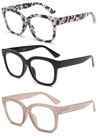 JM 3 Pack dam läsglasögon, fyrkantiga glasögon blått ljus dator view glasögon, Svart + grå + rosa, 135 mm