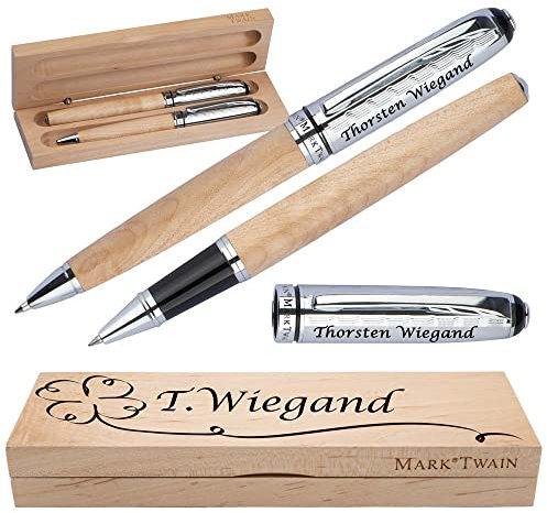 Mark Twain Schreibset aus Holz mit Box | Holzkorpus Drehkugelschreiber und Rollerball aus Metall mit Gravur | Großraummine blau schreibend | Box mit Wunschgravur | (Kleeblatt)