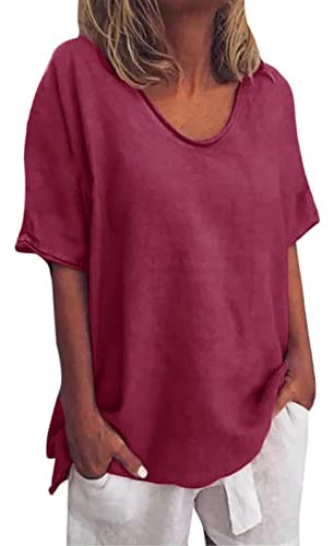 HOOUDO Tshirt Damen Rundhals Langarm des T-Shirt Ärmeln Frauen Top sommerliche O-Ausschnitt Damenbluse Latzhose Kurz Damen (Wine, XXXL)