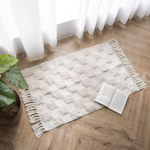 JaeMoose Baumwolle Teppich Getuftet Baumwollteppich Waschbar Retro Teppich Flur mit Quasten Marokkanisch Boho Teppiche für Wohnzimmer Schlafzimmer Eingangstür (Beige Checkerboard, 60 x 90 cm)