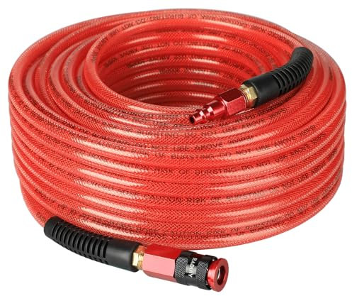 EADUTY Heavy Duty Reinforced Polyurethane Air Hose 1/4 in x 100 ft, Lightweight, Flexible Compressor Hose with Universal Quick Coupler, Plug and Bend Restrictors, Red