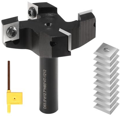 Trvoxviq CNC Spoilboard Surfacing Router Bit 1/2'' Shank, 4-Wing Carbide Insert Planning Bit Slab Flattening Router Bit Milling Cutter with 10 PCS Indexable Insert(12x12x1.5mm, 35°for Wood Planning