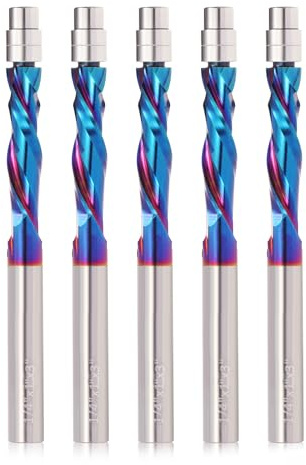 Trvoxviq 1/4 Inch Shank CNC Spiral Router Bits with Top Bearing, 2 Flute, Tungsten Carbide, Up Down Cut Compression Spiral Flush Trim Router Bit, 5PCS