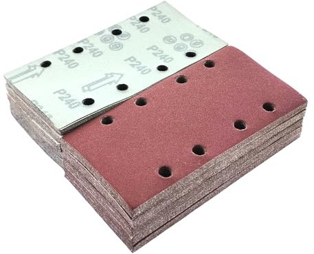 Wanmutrun 100 pezzi Carta Vetrata Rettangolare 93x185mm Grana 240 Carta Vetrata per Levigatrice a 8 Fori Utilizzato per Ricambi Levigatrice Orbitale