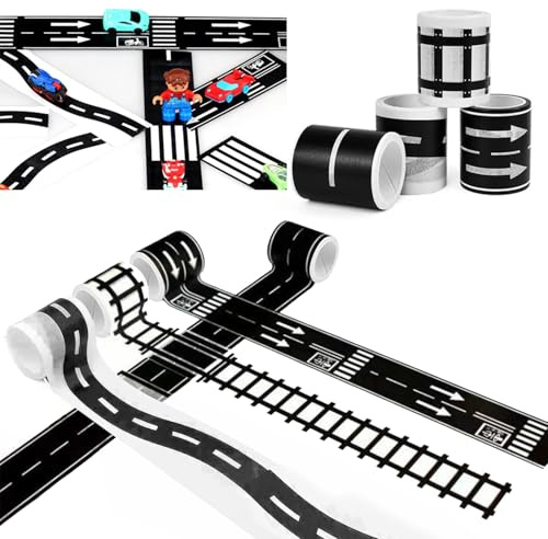 Esshogo 4 Rollen Straßen Klebeband für Kinder Spielen Aufkleber Straße Straßenband, Straßenbande, Züge Eisenbahnen Straße Washi Tape Set Masking Tape für Spielen und Lernen, Kunst, DIY Handwerk