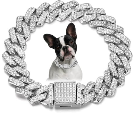 Silberkette Katzenhalsband, glitzernde Diamanten, kubanische Gliederkette, Welpenhalsband, Glitzerkette, Strass-Hundehalskette für kleine, mittelgroße und große Hunde, 25,4 cm