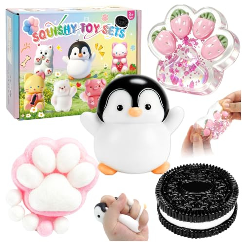 4 Pcs Taba Squishy Cat Paw Penguin Squishy Pfote Stressabbau Spielzeug Kneifende Keks Simulation Keks Stressabbau Spielzeug Fufu Squishy Squeeze Toys Angstreduzierung für Erwachsene