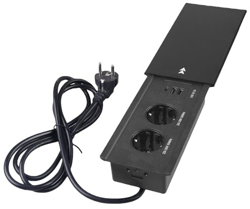 GOEDCH 4-i-1 bordsuttag: Inbyggt uttag med 2 USB A och 1 typ-C, aluminium bordsskiva glidande lock infällt uttag med 1,7 m kabel för skrivbord, konferensrum (19 x 10 x 5,5 cm)