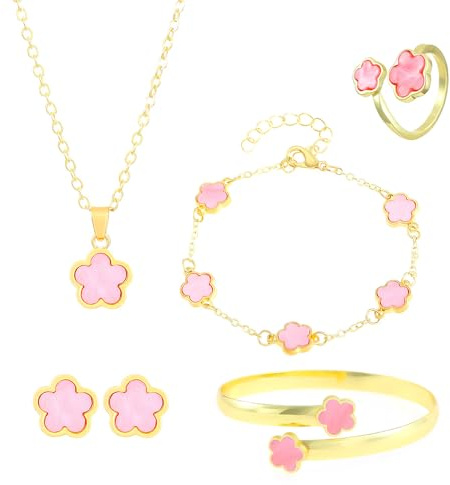 FDEETY Schmuckset Verstellbar Legierung Blumenschmuck mit Ohrringe Halskette Armband Ring Anhänger Party Schmuck Set für Frauen und Mädchen(Rosa farbe)