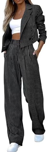 ticticlily Tailleurs-Pantalons Femme Ensemble 2 Pièces Blazer Veste Courte avec Col à Revers et Pantalon Jambes Droites Ensembles Formel Bureau Travail Vêtements A Noir XS