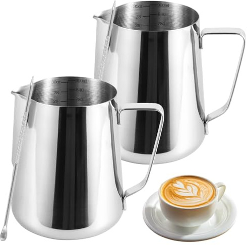 2 Pack Milk Frothing Pitcher 900ml 32oz Steaming Pitchers Stainless Steel Milk/Coffee/Cappuccino/Latte Art Steam Pitchers Milk Jug Cup with Art Pen(2)