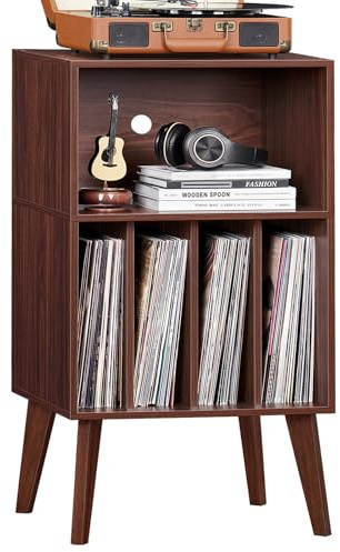 LELELINKY Soporte para Tocadiscos, Soporte para Tocadiscos, Soporte para hasta 160 álbumes, Soporte de Almacenamiento de Vinilo para Mesa con Patas de Madera, Nogal