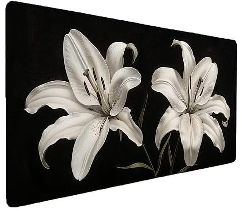 Blanco Alfombrilla Ratón XXL 1500x800x3mm Alfombrilla Ratón lirio Mouse Pad Grande Gaming, Large Mousemat Antideslizante, Tapete Escritorio con Bordes Cosidos, para Jugadores, PC, Material Oficina I-1