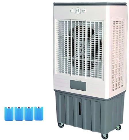 YCYRF 120 cm Aire Acondicionado Portatil, Enfriador Aire con 4 Acumuladores de Hielo, Climatizador Evaporativo, Ventilador con Hielo, 3 Velocidades, Tanque de 70 L para Habitación, Garaje, Patio