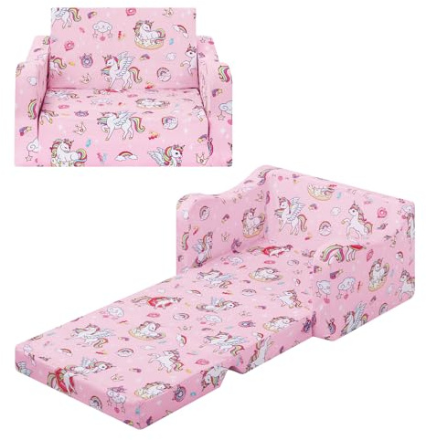 alldomess Convertible Sofa para Niños 2 en 1, Suave Cómoda Sofa para Niñas y Niños, Estable Silla Plegable Niño para Dormitorio Sala de Juegos,Rosa Unicornios Dulces