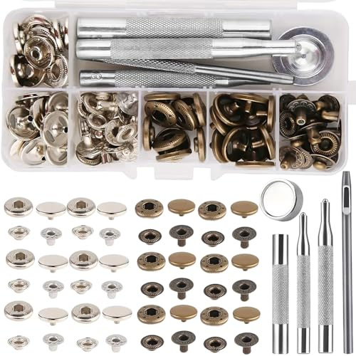 85 Sets Snap Fastener Kit, 2-Colour 15mm Metal Press Studs No Sewing with 4 Pieces Tools, Poppers Fasteners for Leather, Clothes, Jackets, Craft Repairs, Decoration, Bags