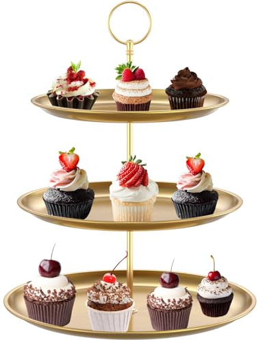 Sutowe Présentoir à cupcakes à 3 étages - Plateau de service doré en acier inoxydable - Support à dessert rond - Support à gâteau pour décorations de table festives, fêtes d'anniversaire, mariages