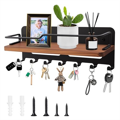 Qzakce Colgador Llaves, Llavero de Madera para Pared Soporte Porta Llaves de con 7 Ganchos y Organizador de Estantes para Pasillo, Cocina, Entrada, Decoración del Hogar de la Oficina (Negro)