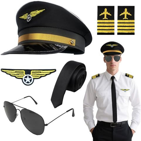 EUPSIIU 6-teiliges Kostüm-Set für Fluglinienpiloten: Kapitänshut, Kostümzubehör, Halloween-Piloten-Flugzeug-Kostüm, Fliegerhut, Armband, Abzeichen, Brille für Cosplay, Verkleidungsparty