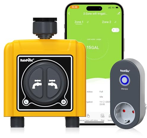 RAINPOINT Bewässerungscomputer WLAN 2 Ausgänge Automatische Bewässerung für Garten, nach Zeit/Wassermenge/Wetter/Bodenfeuchtigkeit anpassen, App/Sprachsteuerung kompatibel mit Alexa, Google Assistant