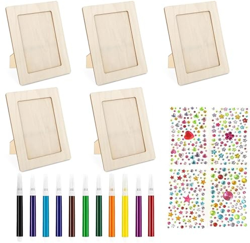 YOYEAH Bastelset Kindergeburtstag: 10 Stück Holzbilderrahmen zum Bemalen 20x15cm, inkl. 12 Buntstiften & Glitzersteinen, DIY Bilderrahmen zum Selbstgestalten für Kinder