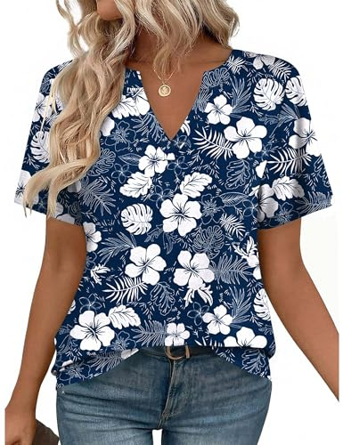 Zeagoo Women's Plus Size Tops Summer Shirts Short Sleeve Casual Loose Cute Oversized Teacher Tees Blue Floral 3XL