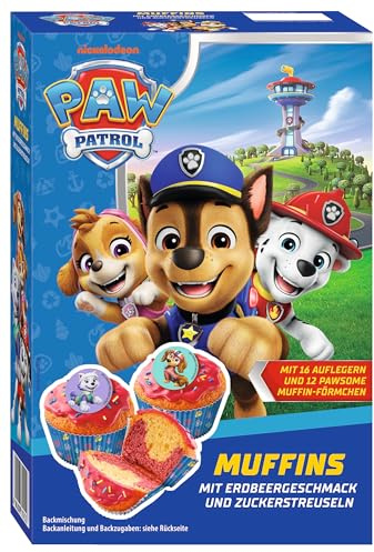PAW Patrol Muffin Backmischung mit Erdbeer-Geschmack, für 12 Paw Patrol Muffins, inkl.16 Oblaten-Auflegern und PAWsome Muffin-Förmchen, 1 x 394g