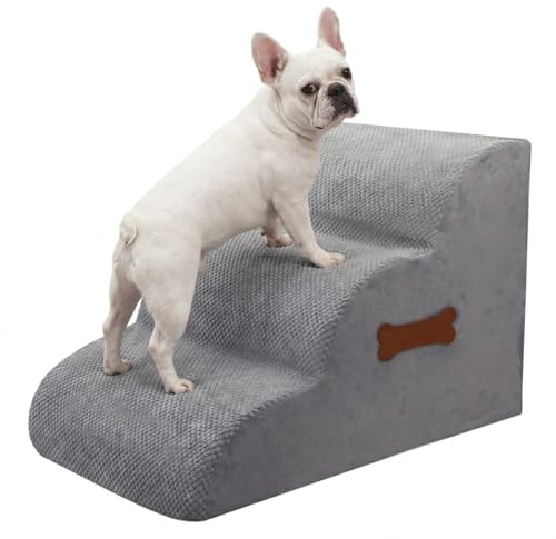 KinHven Dog Stairs for Small Dogs, 3 Steps Pet Stairs for Bed and Sofa, 40cm High Density 30D Foam Dog Steps with Bone Handle & Hair Roller Holder, Non-Slip, Washable Cover, Grey