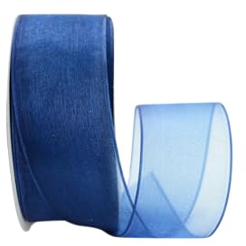 Ribbon Bazaar Sheer Organza Wired Ribbon - Wire Edged Ribbon for Floral Decor, Table Arrangements, Apparel Embellishment & More - 1-1/2 Navy 25yd Spool