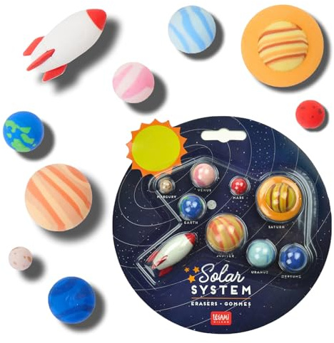 Legami - Solar System, Set di 9 Gomme, 0,8x3,5 cm, Gomme a Forma di Razzo, Pianeti, Sole, per Cancellare con Precisione