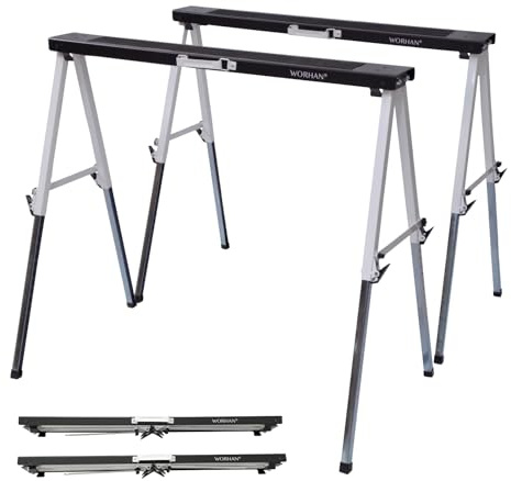 WORHAN Tréteaux Paire Robuste Stable (set de 2) Pieds Antidérapants Ajustables Réglage Rapide Chavalet Sciage Pliants Acier Galvanisé S150C