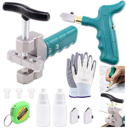 Keadic Glass Tile Cutter Tool Kit, Glass Breaking Pliers, Tile Cutter Hand Tools Set with 6mm Alloy Steel Blades, Spacers, Special Oil Bottles Tape Measure & Cut-resistant Gloves
