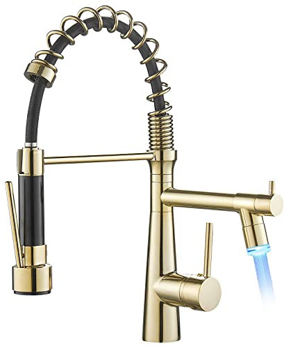 TIMACO Robinet de cuisine LED doré avec ressort spiralé pivotant à 360° avec deux sorties, robinet de cuisine et douchette extensible - Haute pression