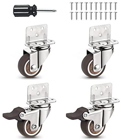 Heavy Duty Casters Set of 4 with Brake,L-Shape Side Mount TPR Plate Caster Wheels Replacement for Baby Bed, Carts Trolley, Kitchen Cabinet, Furniture, Table, Loading Capacity 120 Lbs (1” L-Shape)
