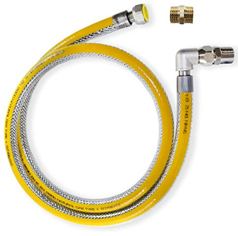 Safety Reinforced Corrugated Metal Flexible Hose for Gas + Swivel Elbow - L 1.5 Meters (59 Inches) - 1/2 inches M-F