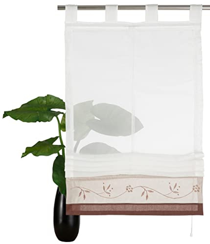 Devola Voile Raffrollo transparent Raffgardinen mit Schlaufen Blumenmuster Stickerei Fenstergardinen Faltvorhang Modern Rollo Küchengardine Tür Vorhänge BxH 120x155cm Kaffee 1er Pack