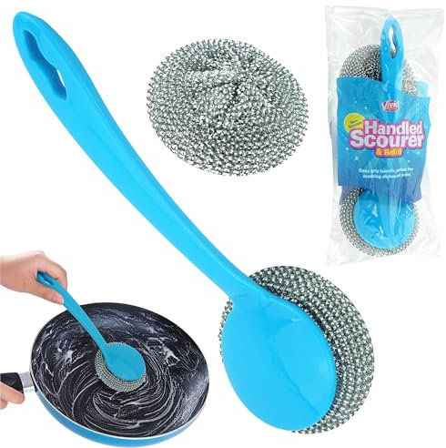 Long Handle Washing Up Scourer Set – Non-Scratch Wire Dish Brush with Refill Steel Scrub Pads for Pots Pans Grills – Stainless Steel Cleaning Scourers with Handle - 23cm