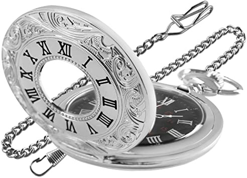 Realpoo Sliver Hollow Men's Pocket Watch, Roman Digital Scale Men's Quartz Pocket Watches, Quartz Pocket Watch with Chain for Men-Sliver