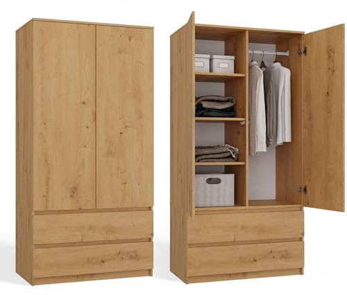CDF Armario Dormitorio Anchura 90cm con 2 Puertas 2 Cajones Armario Ropero Niño Ahorraespacio Multiusos Un Vestidor Moderno Roble Artisan 1 Barra para Colgar Ropa de Tablero Laminado 16 mm