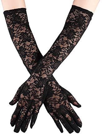 Wambere Damen Vintage Spitzen Brauthandschuhe Lange Spitzen Handschuhe für Hochzeit Oper Damen Accessoires,Damen Halb Transparent Tüll Braut Handschuhe,Lang für Hochzeit Abend 40cm,Schwarz