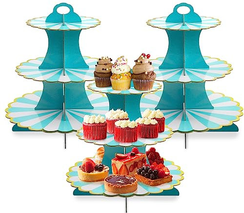 Alzata per cupcake, a 3 livelli, mini torte, frutta, caramelle, biscotti, caramelle, buffet, supporto in cartone per cupcake, supporto per servire cupcake, confezione da 3 (blu)