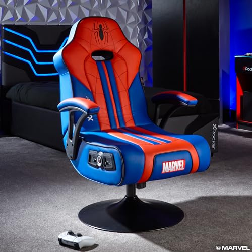 X-Rocker Marvel Spiderman 2.1 Pedestal, Stereo Audio Gaming Chair - Bluetooth Connectivity, Reactive Vibration, Foldable Base, Wipe-Clean Faux Leather for Kids & Teens - Red & Blue - Licensed