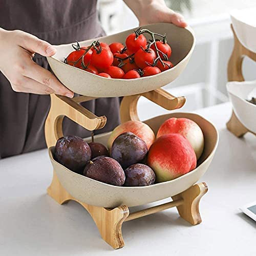 OQHAIR Frutero, Juego de Cuencos ovalados con Rejilla de bambú Natural, Bandeja de cerámica escalonada, Sushi, Postre, Frutas y Verduras (tamaño: Color Crema, Color: 2 Capas