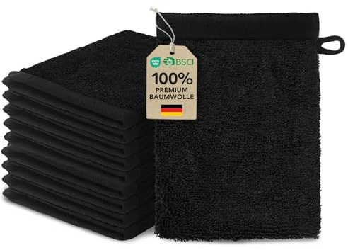 Lot de 10 Gants de Toilette 15x20 cm Noir Coton 500 g/m² – certifié Oeko TEX, Doux, Absorbant et Durable.