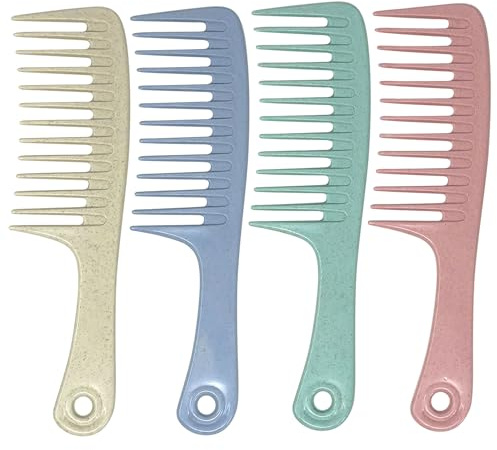 Pack of 4 Wide Tooth Hair Comb Set, Detangling Comb with Handle Hole for Easy Hanging, Durable Plastic Combs for Men and Women, Pastel Colors for Smooth, Frizz-Free Styling