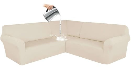 ZRCYXDW Wasserdicht ecksofa überzug, 3 Stück Sofabezug L Form 7 Sitzer Stretch L Form Sofahusse Schutz waschbar für Wohnzimmer-Beige-7 Sitzer