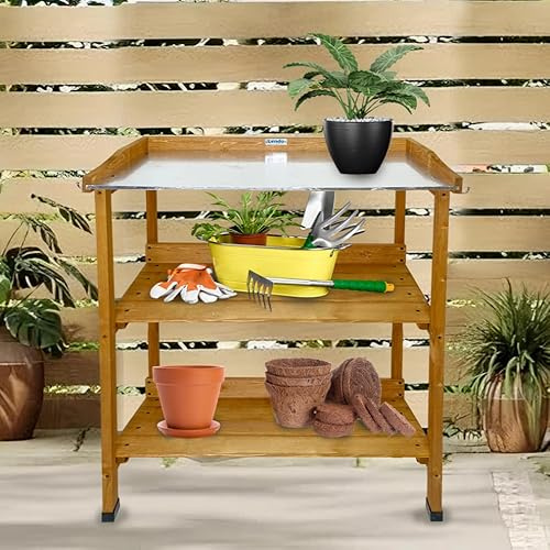 Lendo Online Pflanztisch mit verzinkter Arbeitsplatte - 76x37x92 cm aus Fichtenholz - 6 Edelstahl Haken - Für Garten Balkon - Gartentisch - Planzregal (Braun)
