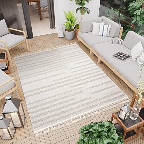 TAPISO Timber Teppich Outdoor Creme Boho Design Sisaloptik mit Fransen Modern Flachgewebe Terasse Balkon Indoor Küche Wetterfest ÖKO-TEX 120 x 170 cm