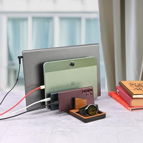 Gift Kya De Laptop Stand, Tablet Stand, Mobile, and Power Bank, All in One Multi Device Charging Station and Organizer, Wooden Vertical Laptop Stand Holder - Dark Wood
