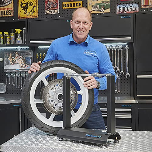 Datona Motorradreifen Auswuchtgerät mit 10 grauen Klebegewichtstreifen 12 mm Achse Wasserwaage Zentrierkegeln und verstellbaren Füßen für Garage und Werkstatt